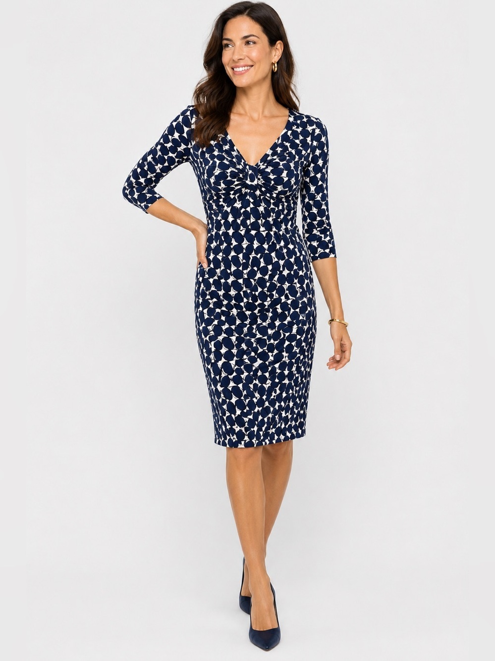 Diane Von Furstenberg 100% Silk Jersey Navy White Print Sheath Dress Sz 8 - Picture 1 of 8